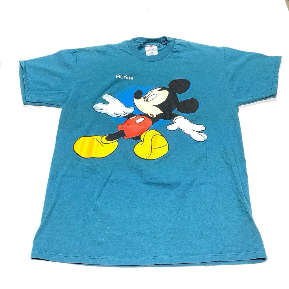 VTG 90s Mickey Mouse Florida T Shirt XL Teal Jerzees Made in USA Single Stitch
